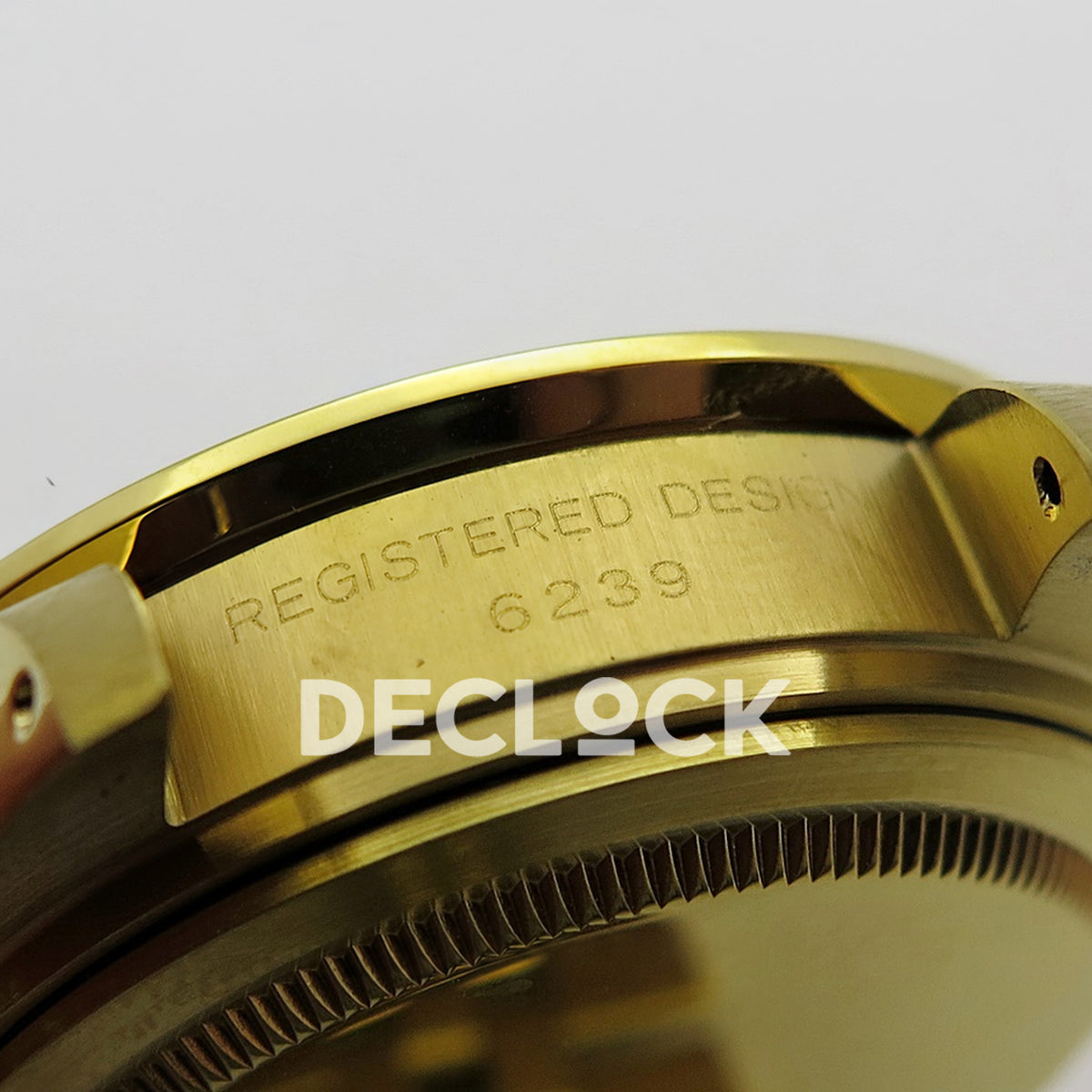 Rolex Daytona Vintage Tiffany 6239 MSF gold black dial Jubilee Venus 75 replica - reference engraving view