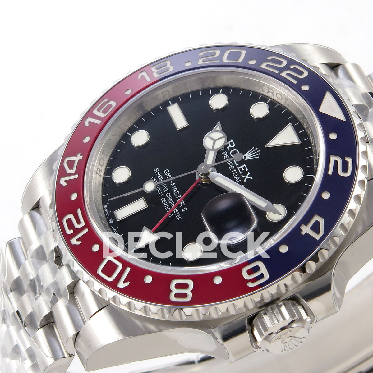 Rolex GMT-Master II 126710BLRO VSF V3s replica - original Rolex dial and red GMT hand from the crown side