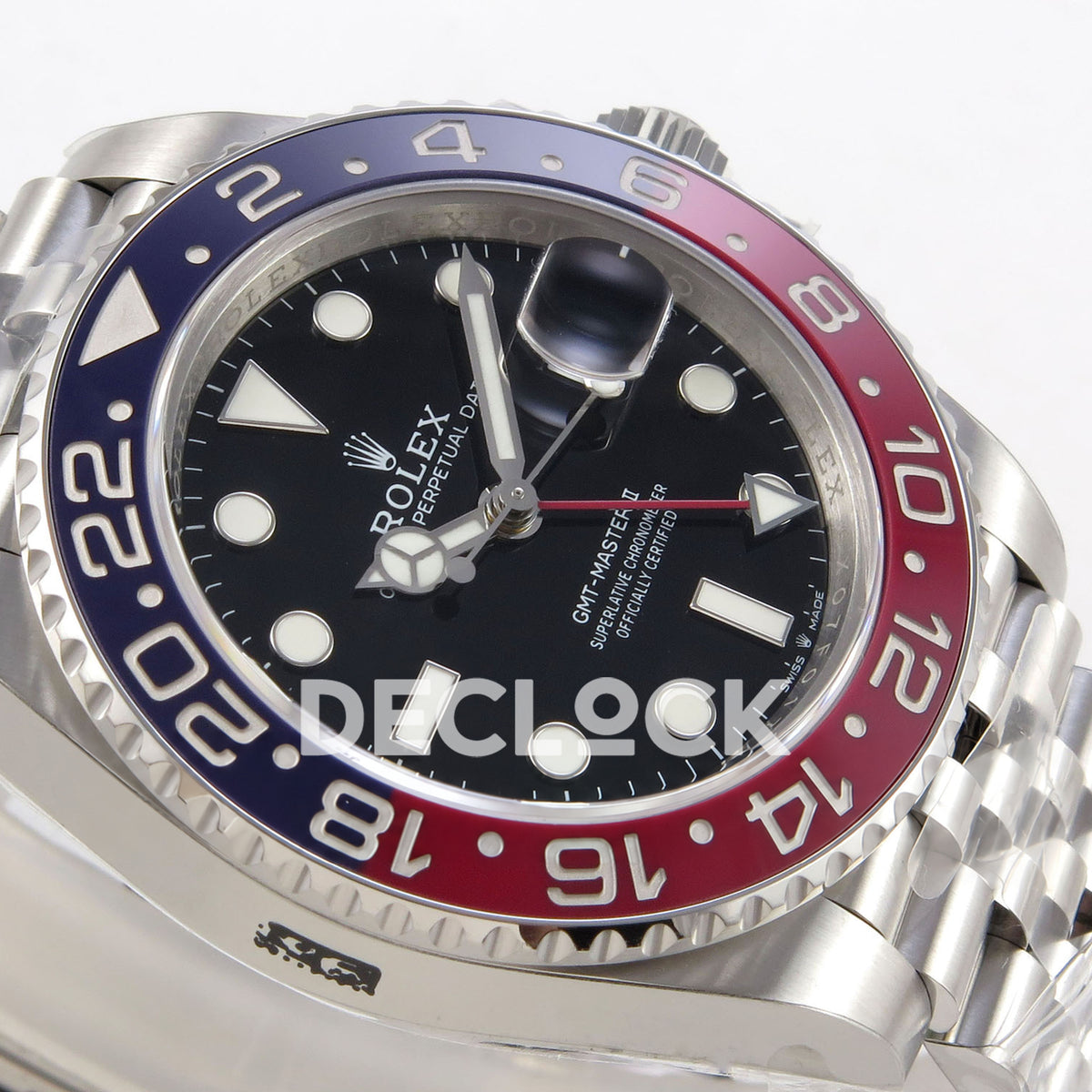 Rolex GMT-Master II 126710BLRO VSF V3s replica - original luminous hour markers and Pepsi bezel from opposite angle