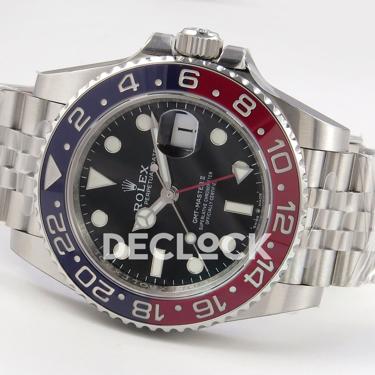 Rolex GMT-Master II 126710BLRO VSF V3s replica - original Pepsi bezel and factory-wrapped Jubilee bracelet from opposite side
