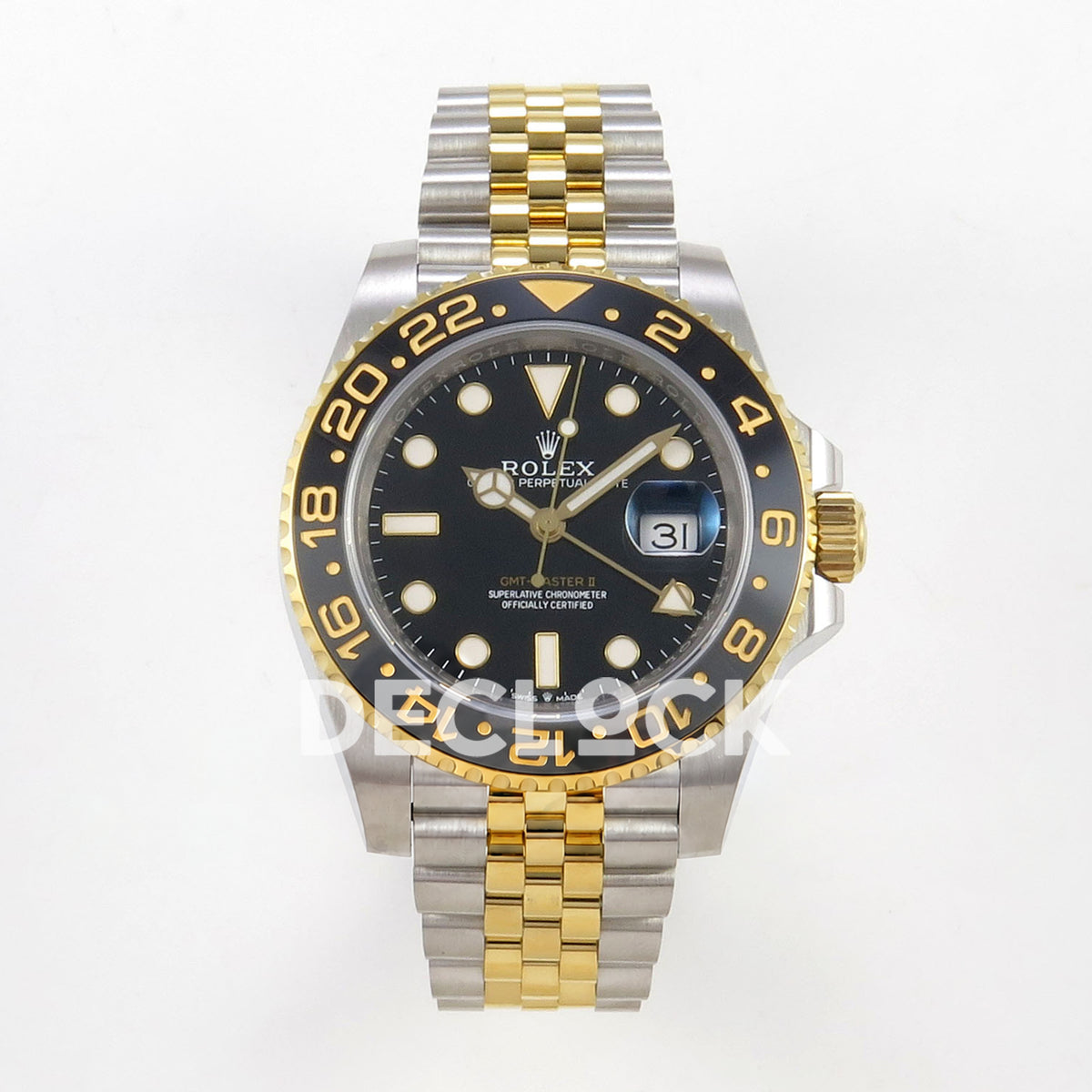 Rolex GMT-Master II 126713 GRNR WF replica, front view with black dial