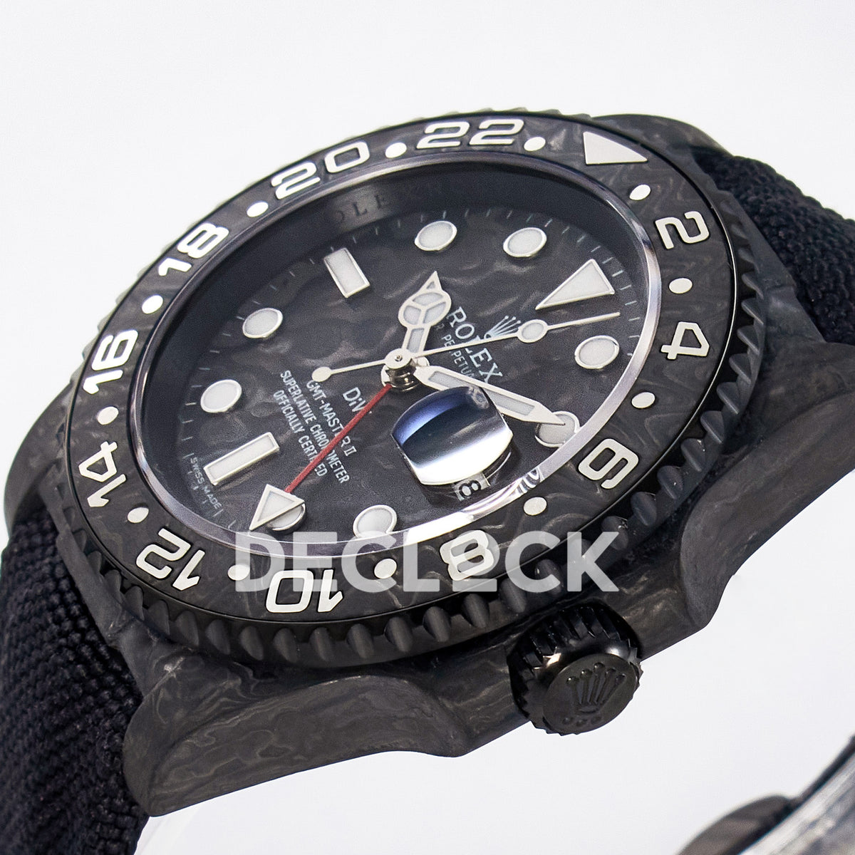 Rolex GMT-Master II Custom Carbon Black Black Strap DIWF SA3285 V2 replica - crown side front