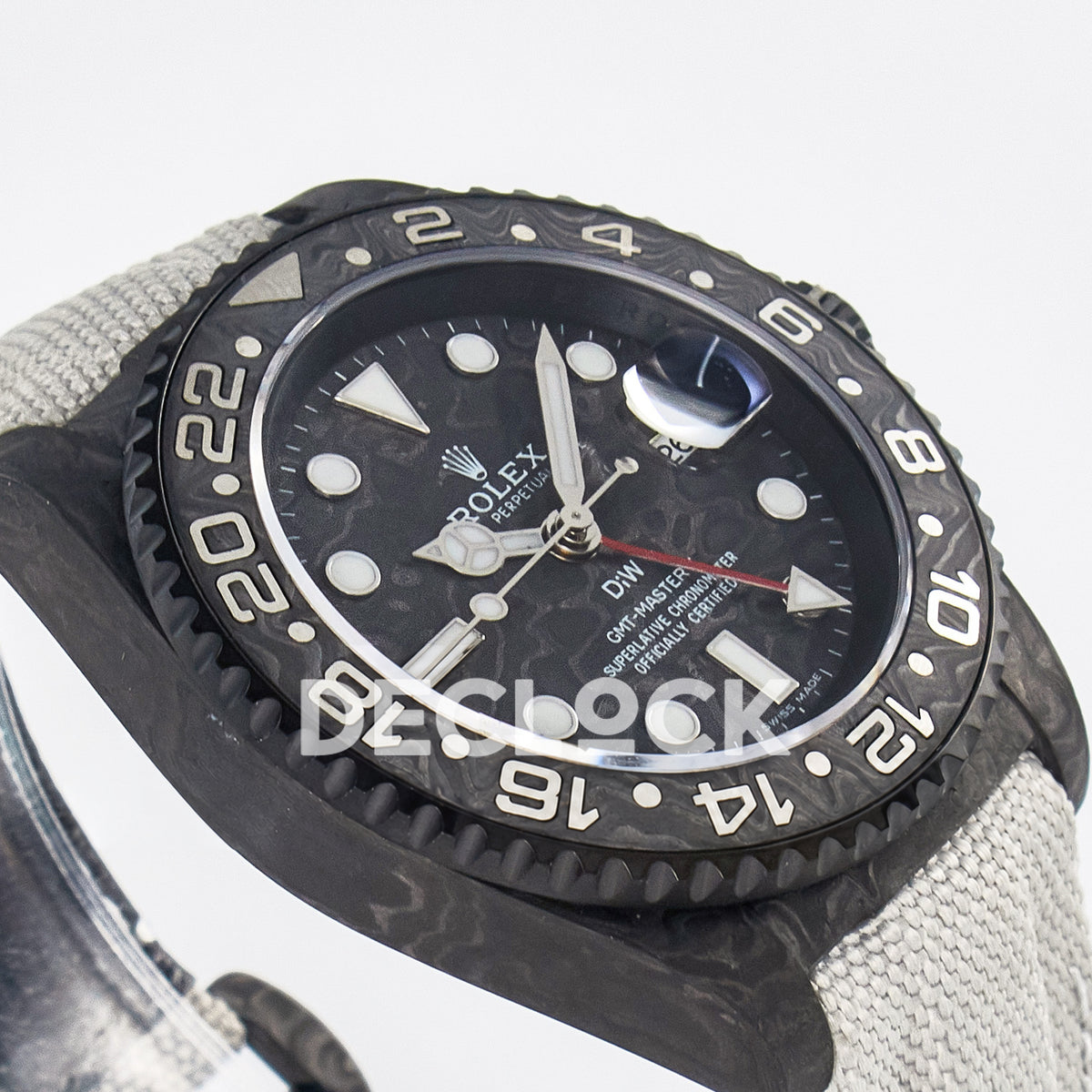 Rolex GMT-Master II Custom Carbon Black White Strap DIWF SA3285 V2 replica - angled left