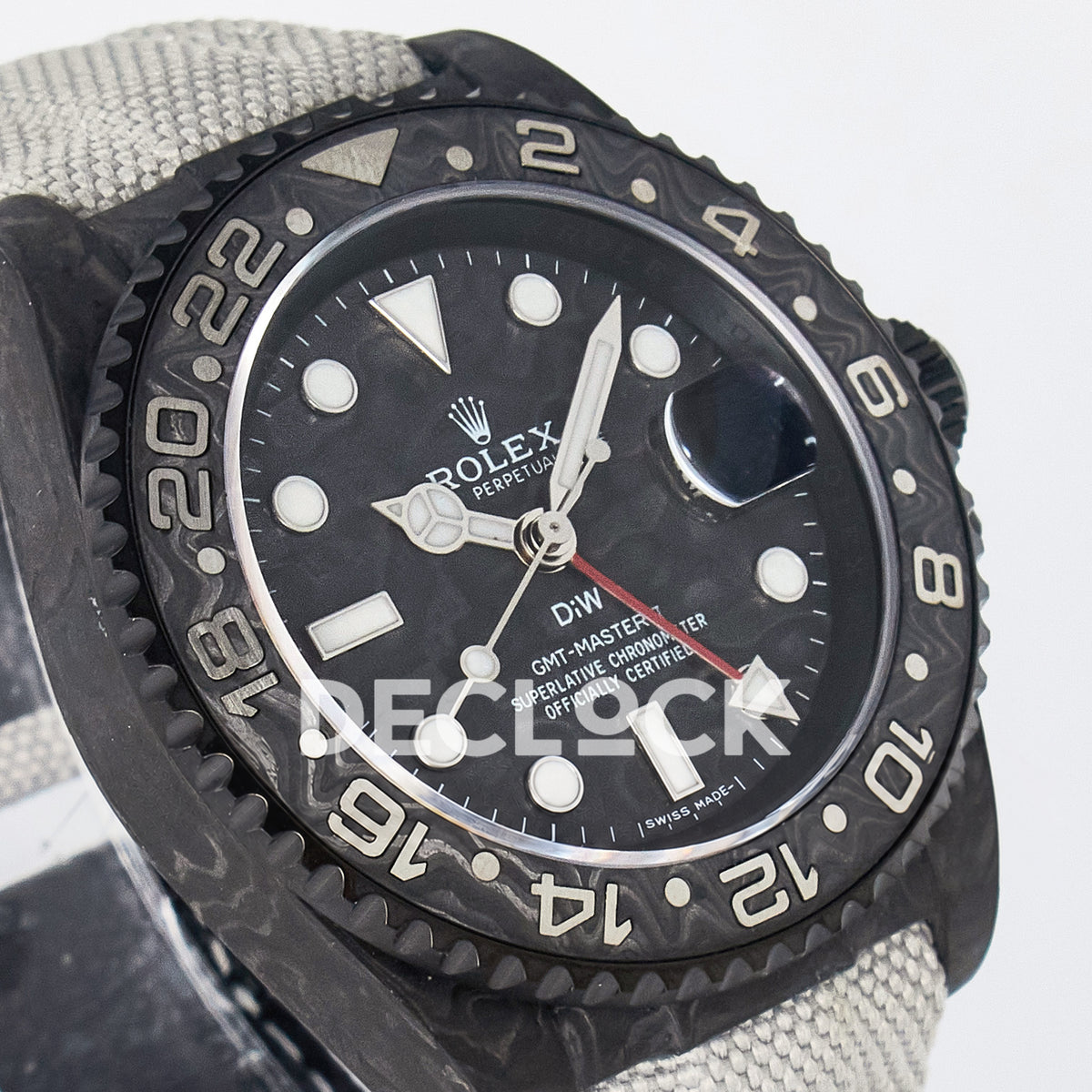 Rolex GMT-Master II Custom Carbon Black White Strap DIWF SA3285 V2 replica - angled right