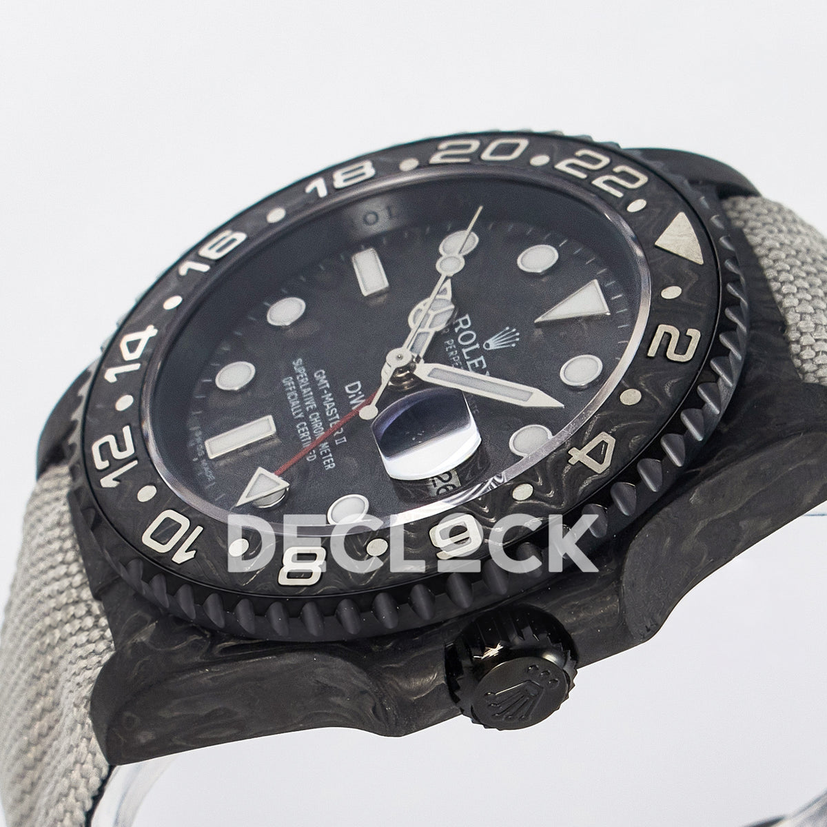 Rolex GMT-Master II Custom Carbon Black White Strap DIWF SA3285 V2 replica - crown side front