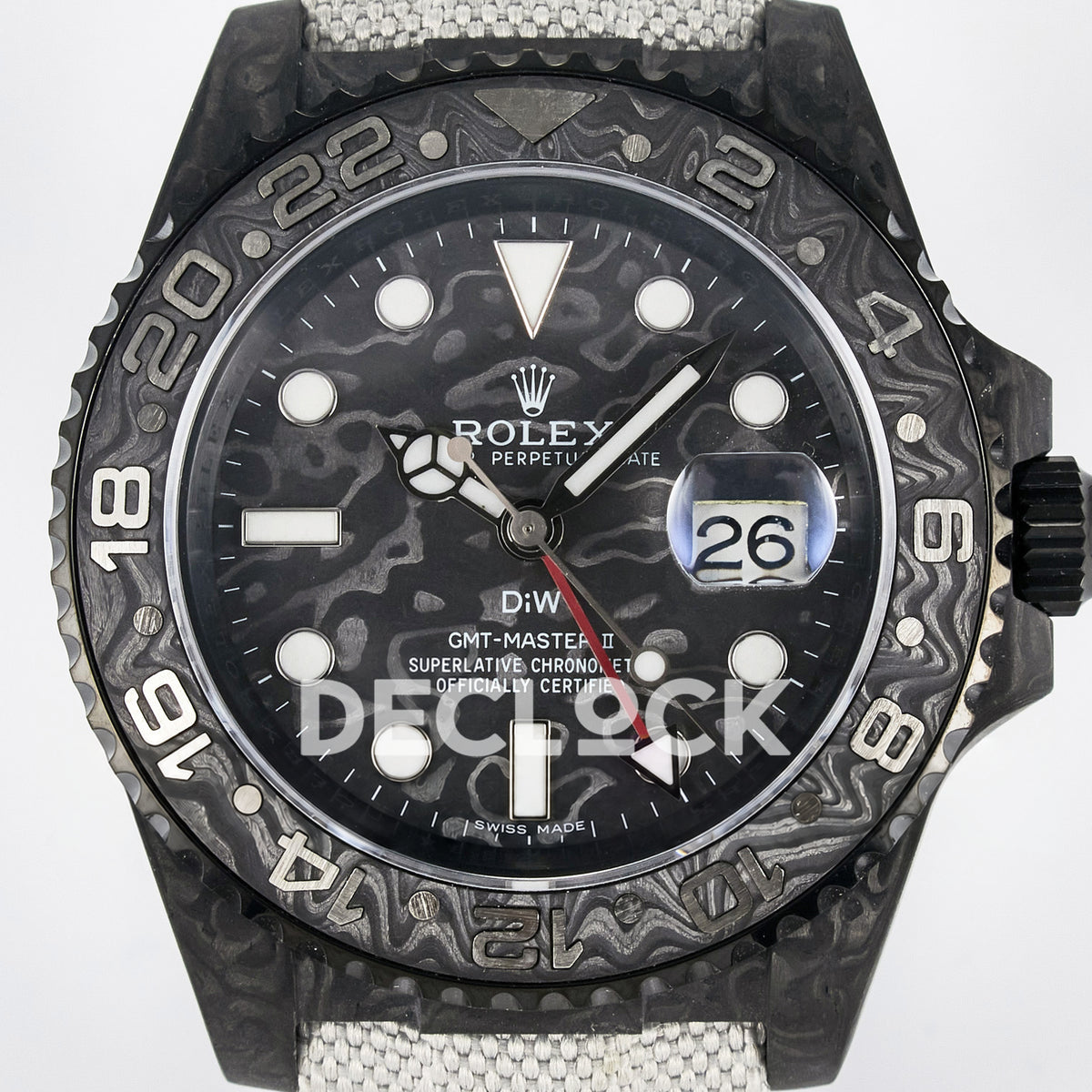 Rolex GMT-Master II Custom Carbon Black White Strap DIWF SA3285 V2 replica - dial close up