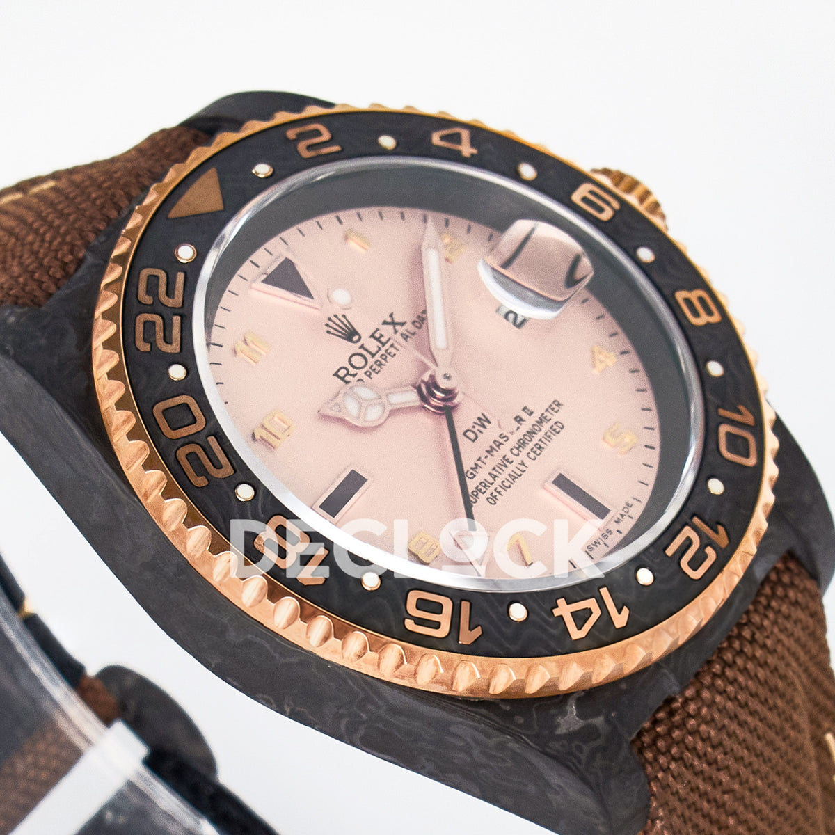 Rolex GMT-Master II Custom Carbon Champagne Brown Strap DIWF SA3285 V2 replica - angled left