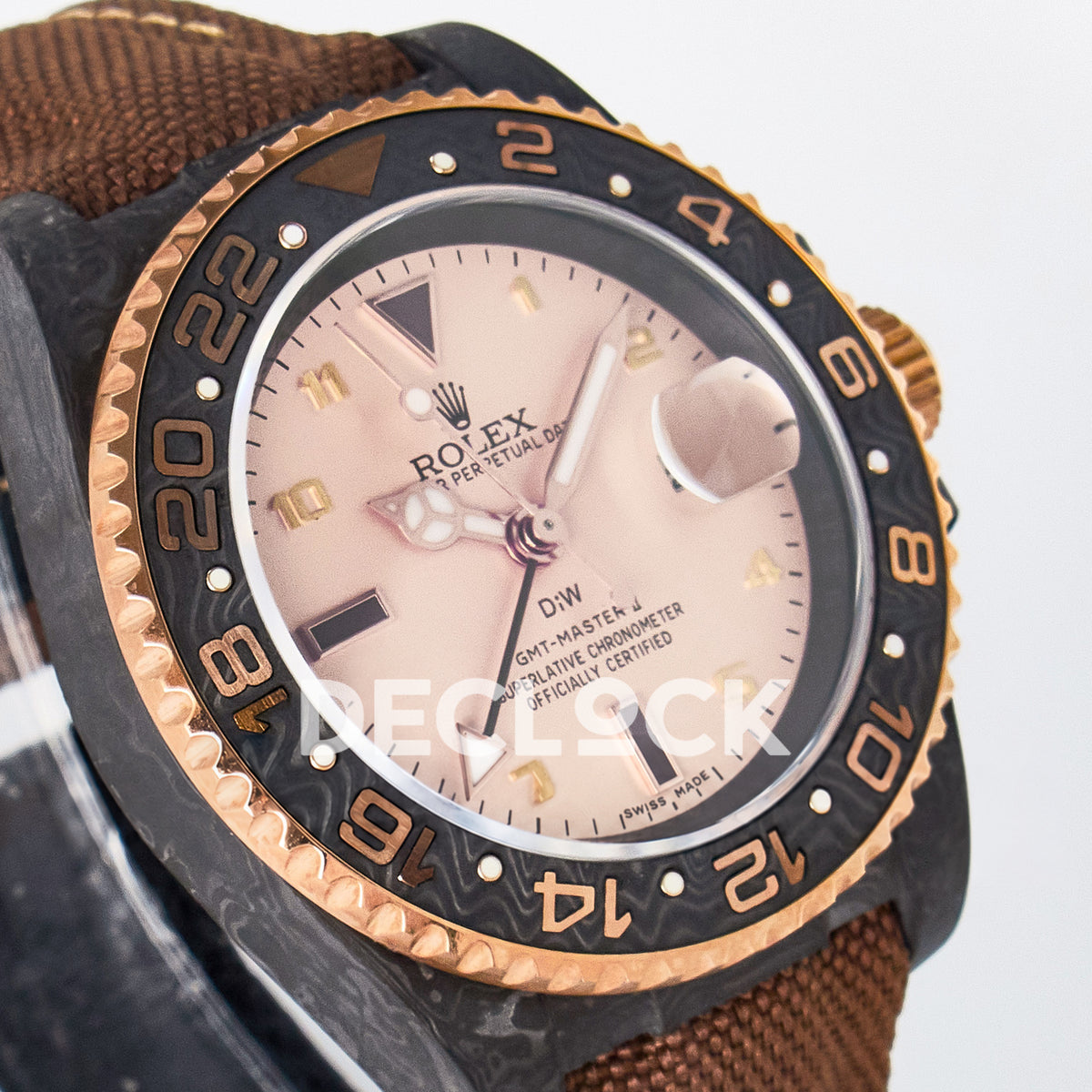 Rolex GMT-Master II Custom Carbon Champagne Brown Strap DIWF SA3285 V2 replica - angled right