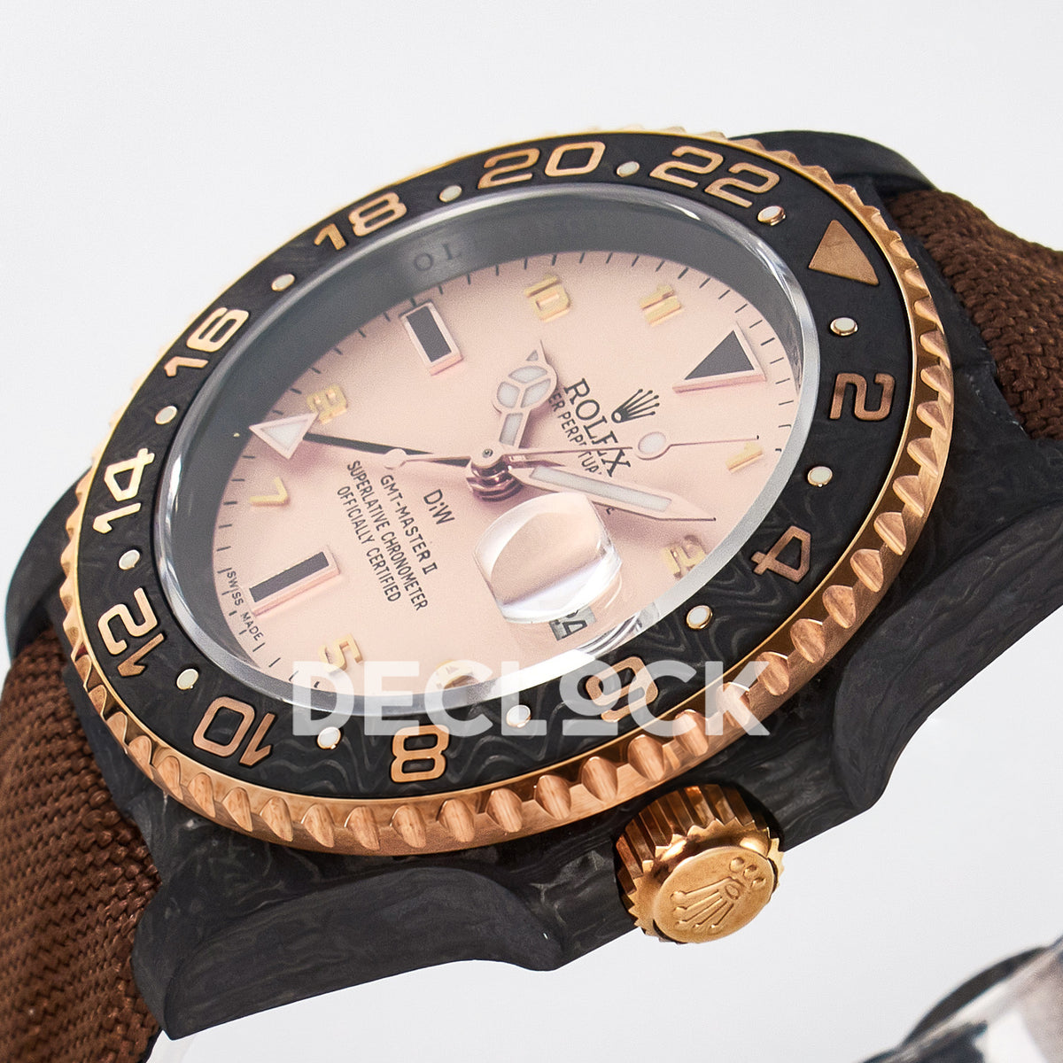 Rolex GMT-Master II Custom Carbon Champagne Brown Strap DIWF SA3285 V2 replica - crown side front