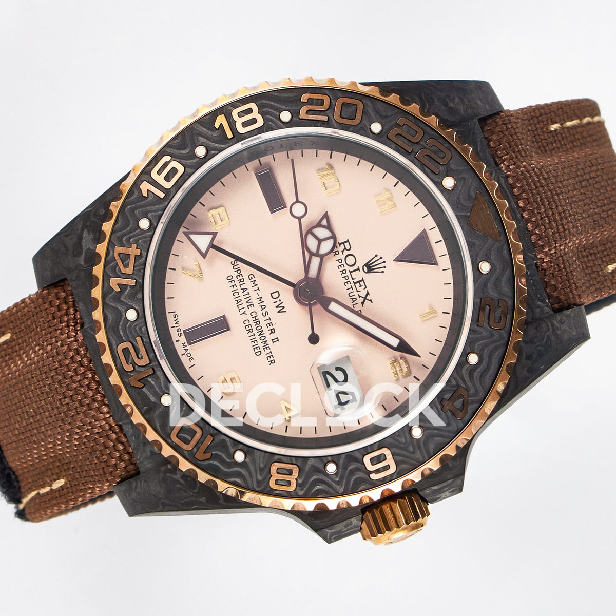 Rolex GMT-Master II Custom Carbon Champagne Brown Strap DIWF SA3285 V2 replica - rotated front