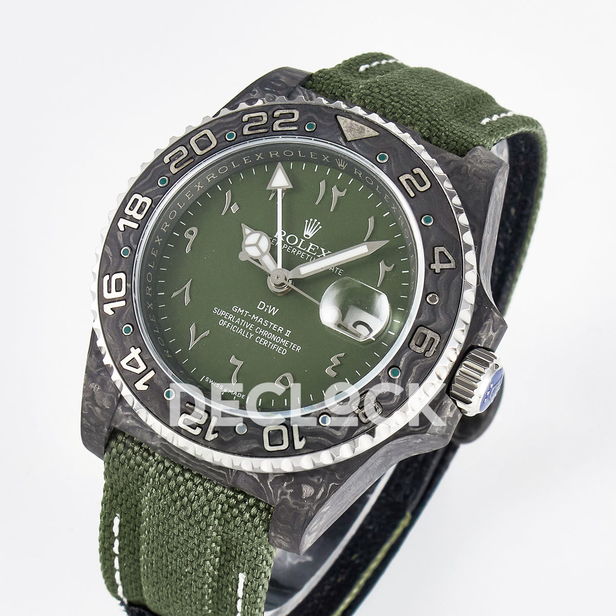 Rolex GMT-Master II Custom Carbon Green Arabic Green Strap DIWF SA3186 replica - angled front