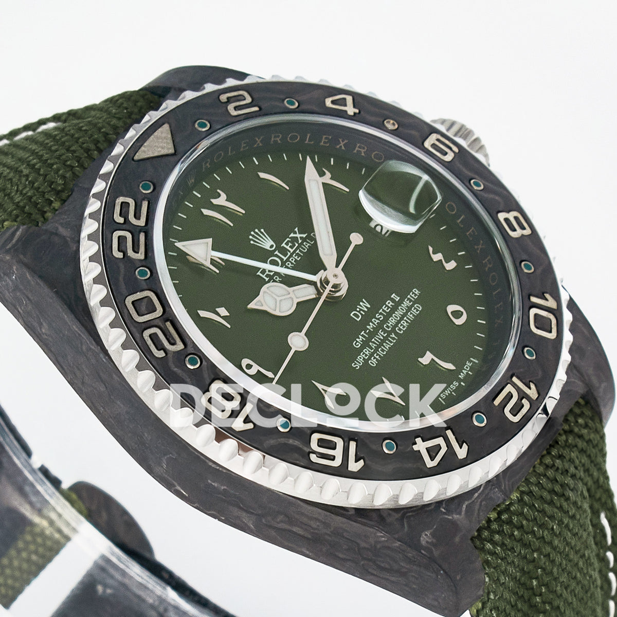 Rolex GMT-Master II Custom Carbon Green Arabic Green Strap DIWF SA3186 replica - angled left