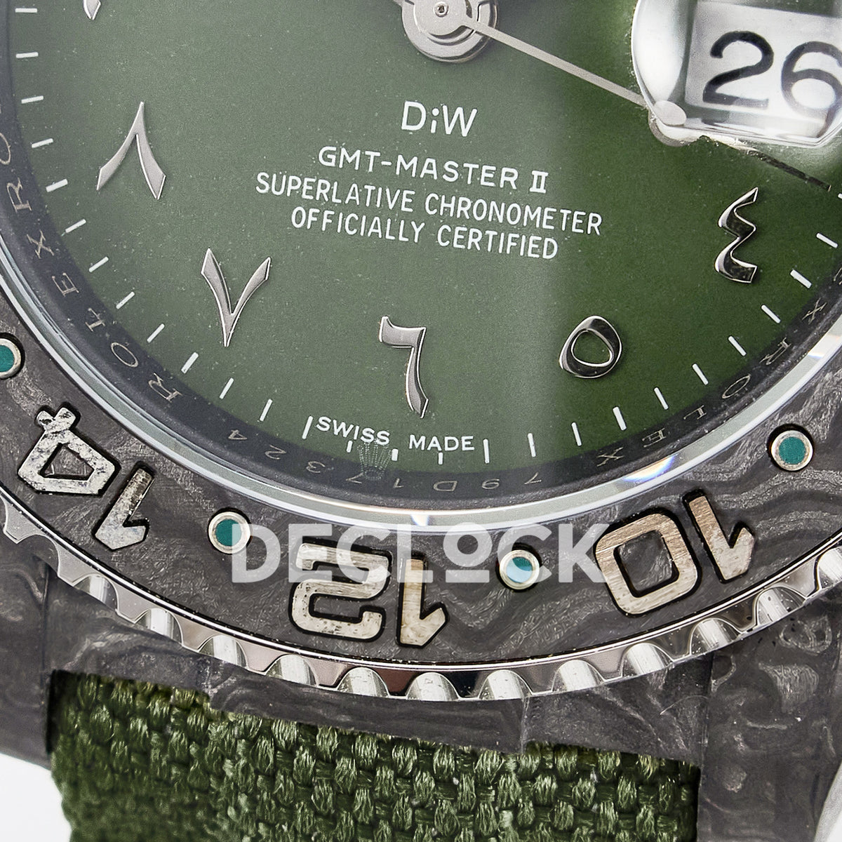 Rolex GMT-Master II Custom Carbon Green Arabic Green Strap DIWF SA3186 replica - bezel close up