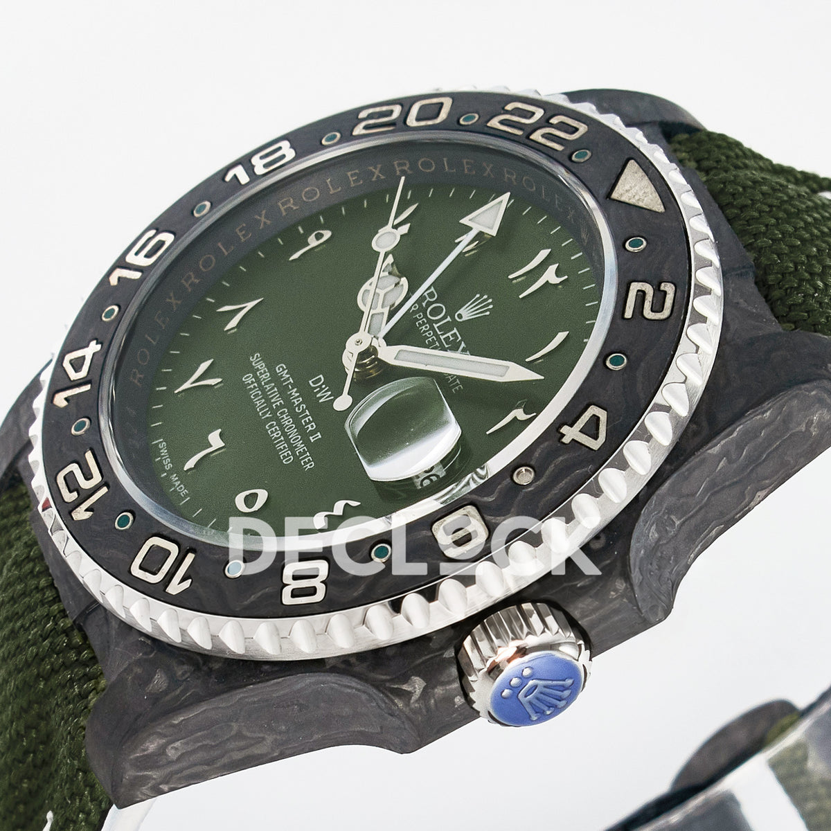 Rolex GMT-Master II Custom Carbon Green Arabic Green Strap DIWF SA3186 replica - crown side front