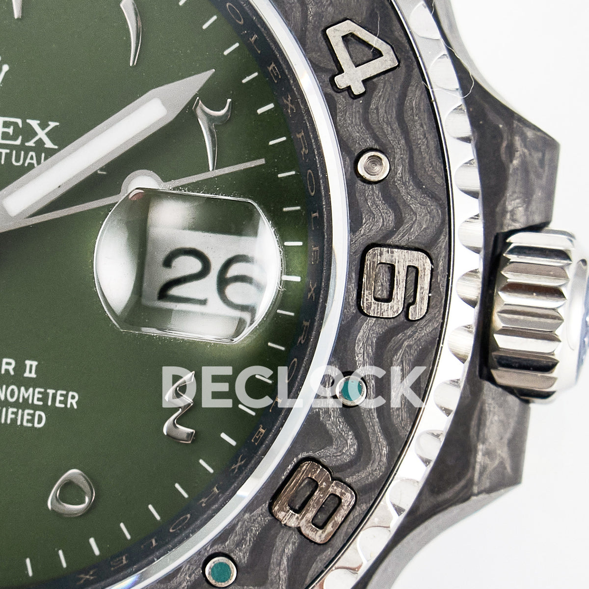 Rolex GMT-Master II Custom Carbon Green Arabic Green Strap DIWF SA3186 replica - date window