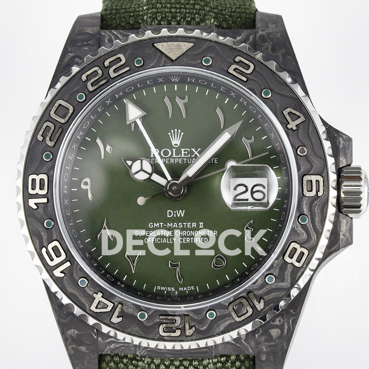 Rolex GMT-Master II Custom Carbon Green Arabic Green Strap DIWF SA3186 replica - dial close up