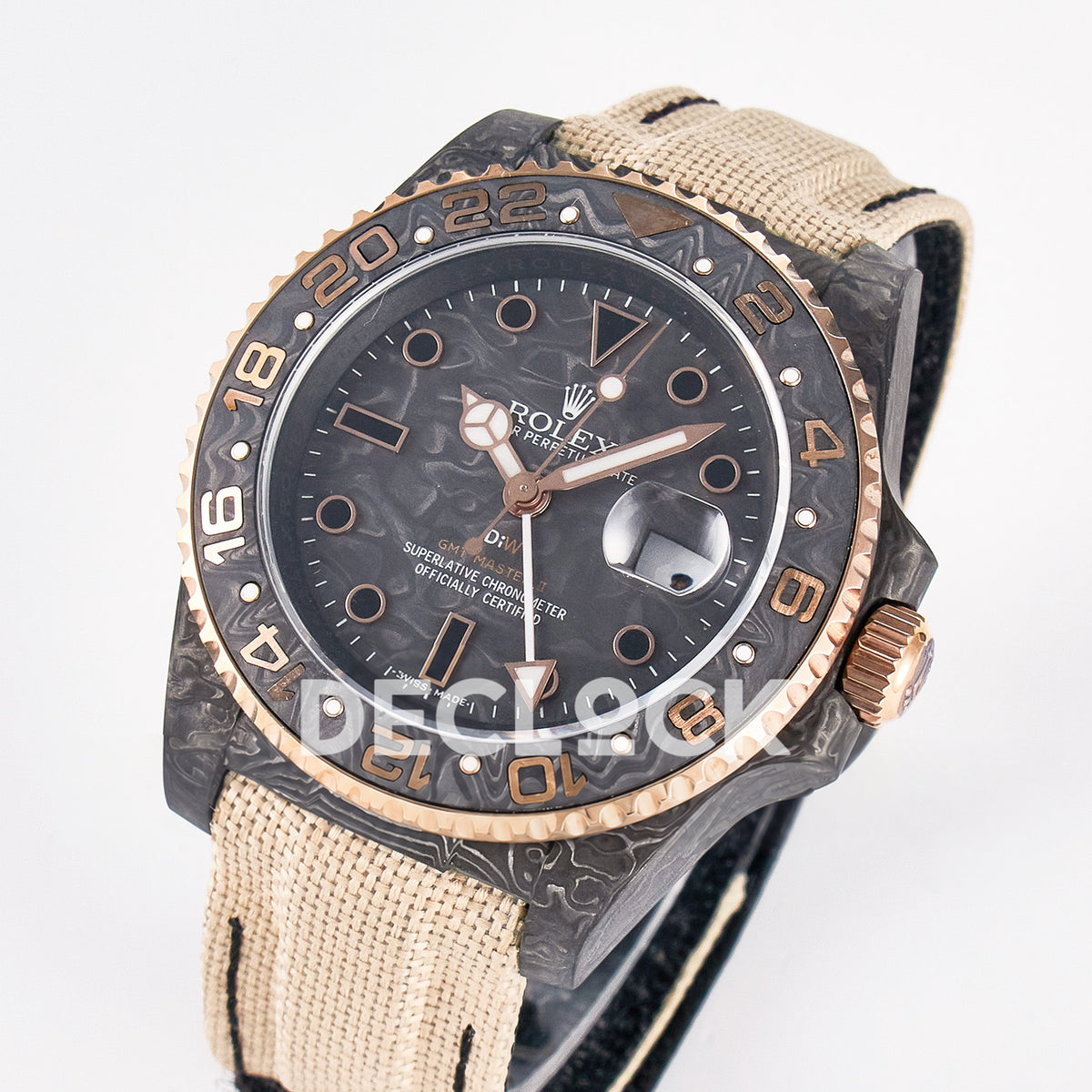 Rolex GMT-Master II Custom Carbon Rose Gold Beige Strap DIWF SA3186 replica - angled front