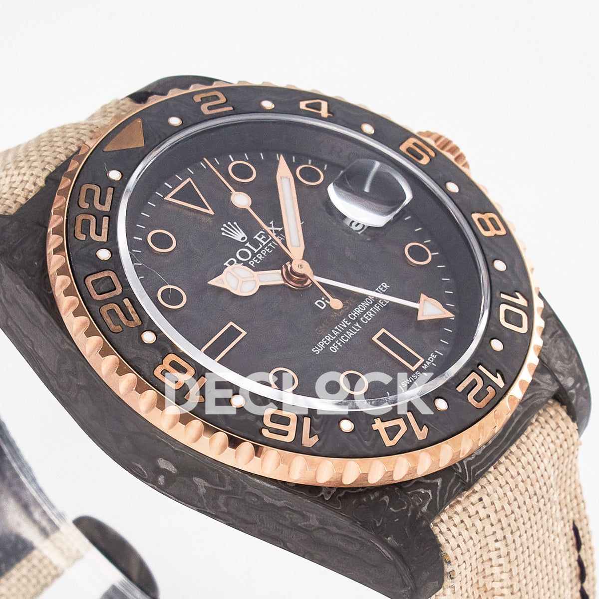 Rolex GMT-Master II Custom Carbon Rose Gold Beige Strap DIWF SA3186 replica - angled left