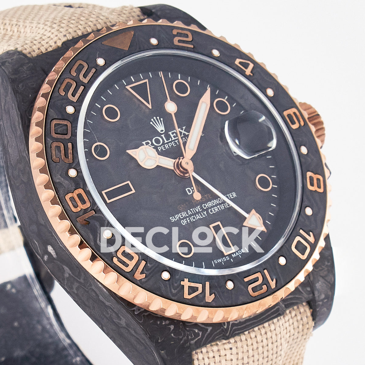 Rolex GMT-Master II Custom Carbon Rose Gold Beige Strap DIWF SA3186 replica - angled right