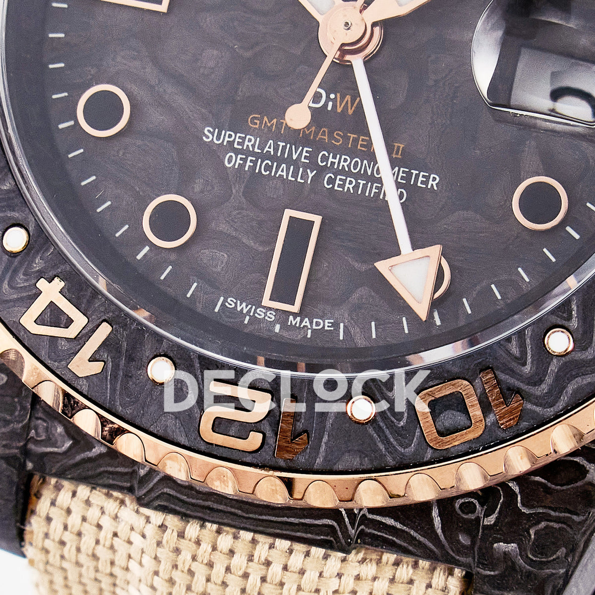 Rolex GMT-Master II Custom Carbon Rose Gold Beige Strap DIWF SA3186 replica - bezel close up