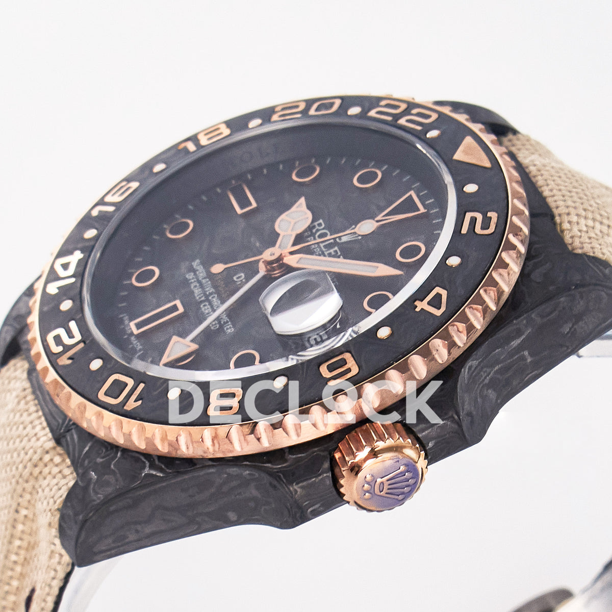 Rolex GMT-Master II Custom Carbon Rose Gold Beige Strap DIWF SA3186 replica - crown side front