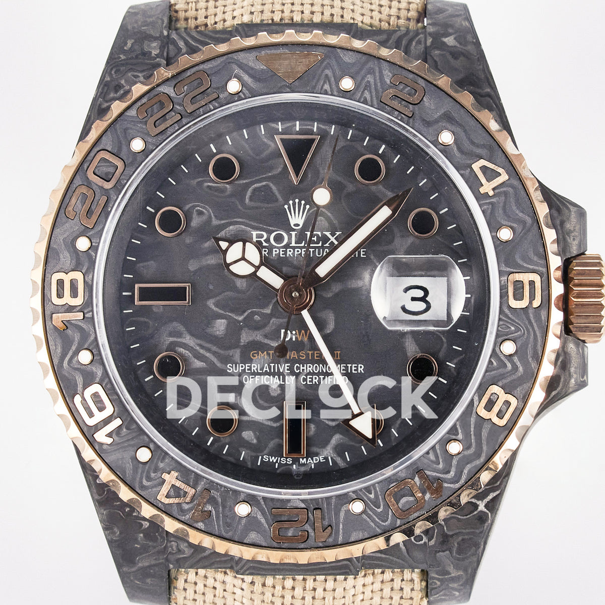 Rolex GMT-Master II Custom Carbon Rose Gold Beige Strap DIWF SA3186 replica - dial close up