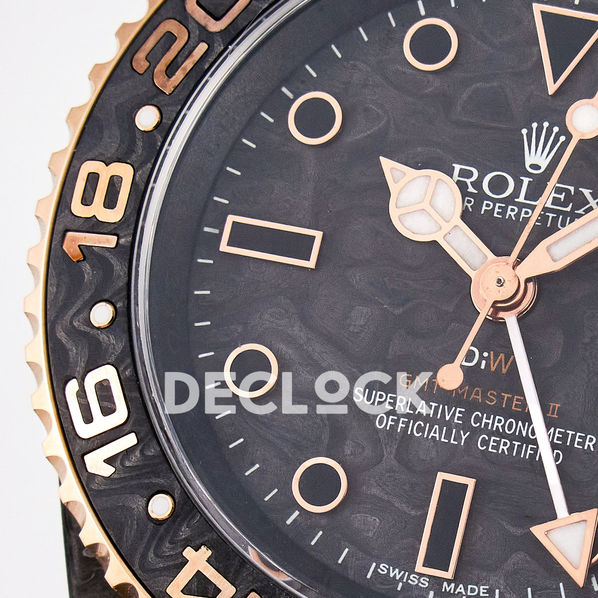 Rolex GMT-Master II Custom Carbon Rose Gold Beige Strap DIWF SA3186 replica - dial left