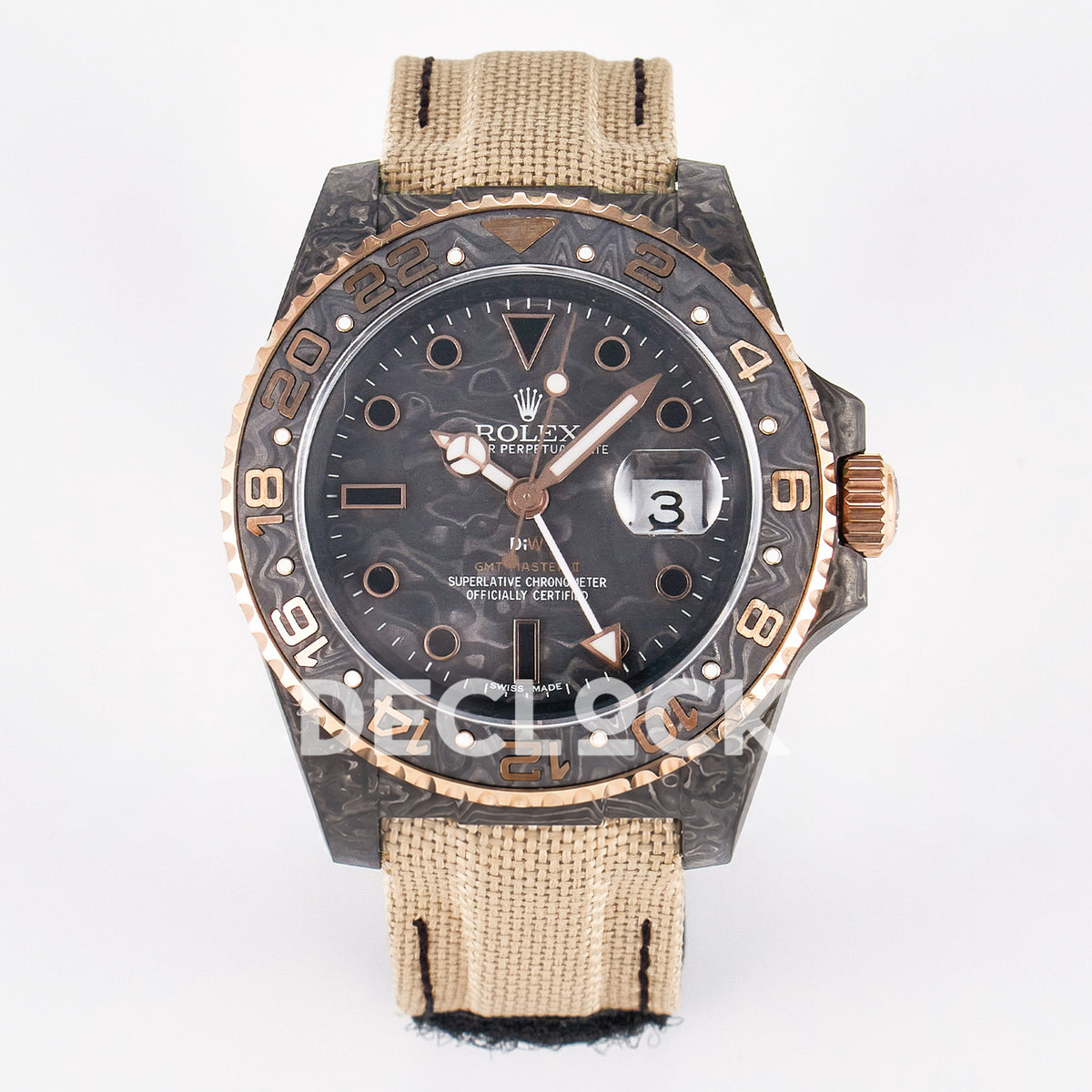 Rolex GMT-Master II Custom Carbon Rose Gold Beige Strap DIWF SA3186 replica - front