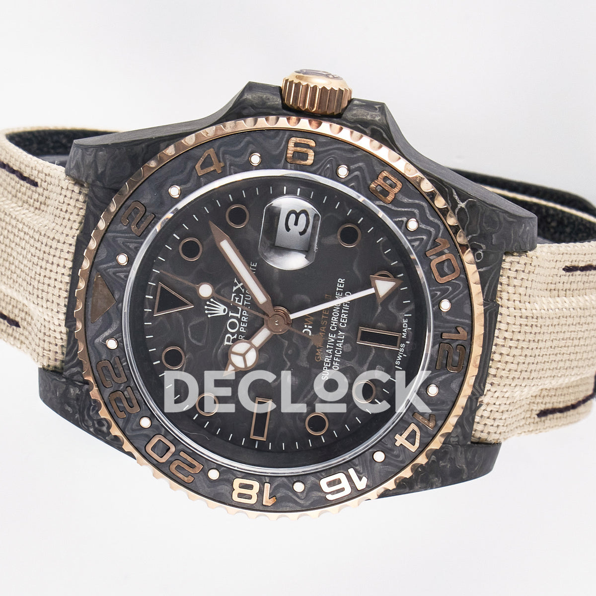 Rolex GMT-Master II Custom Carbon Rose Gold Beige Strap DIWF SA3186 replica - rotated dial