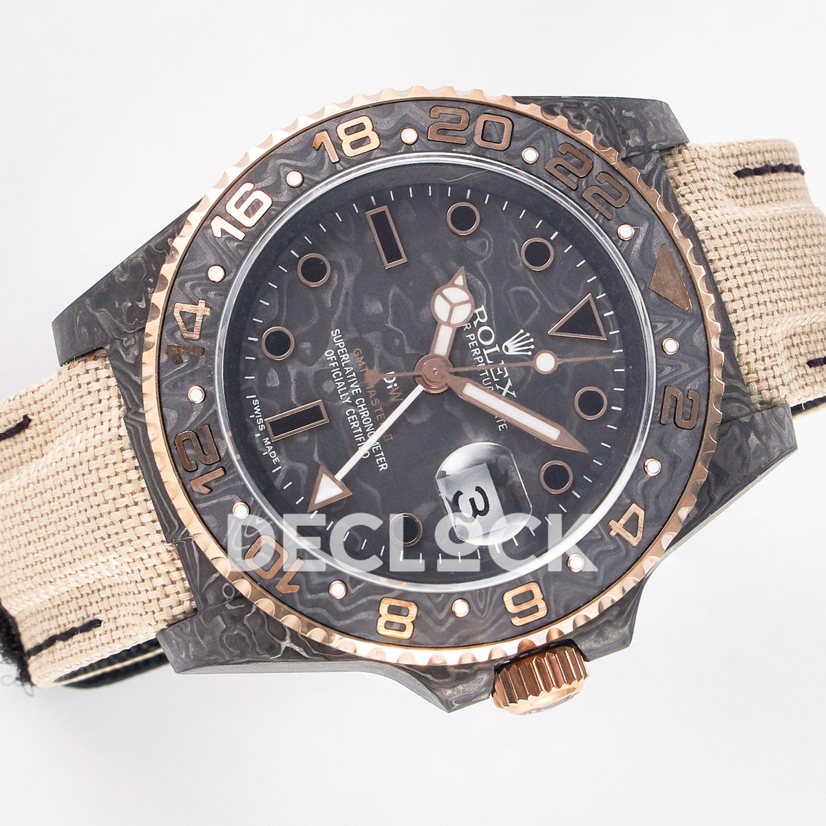 Rolex GMT-Master II Custom Carbon Rose Gold Beige Strap DIWF SA3186 replica - rotated front