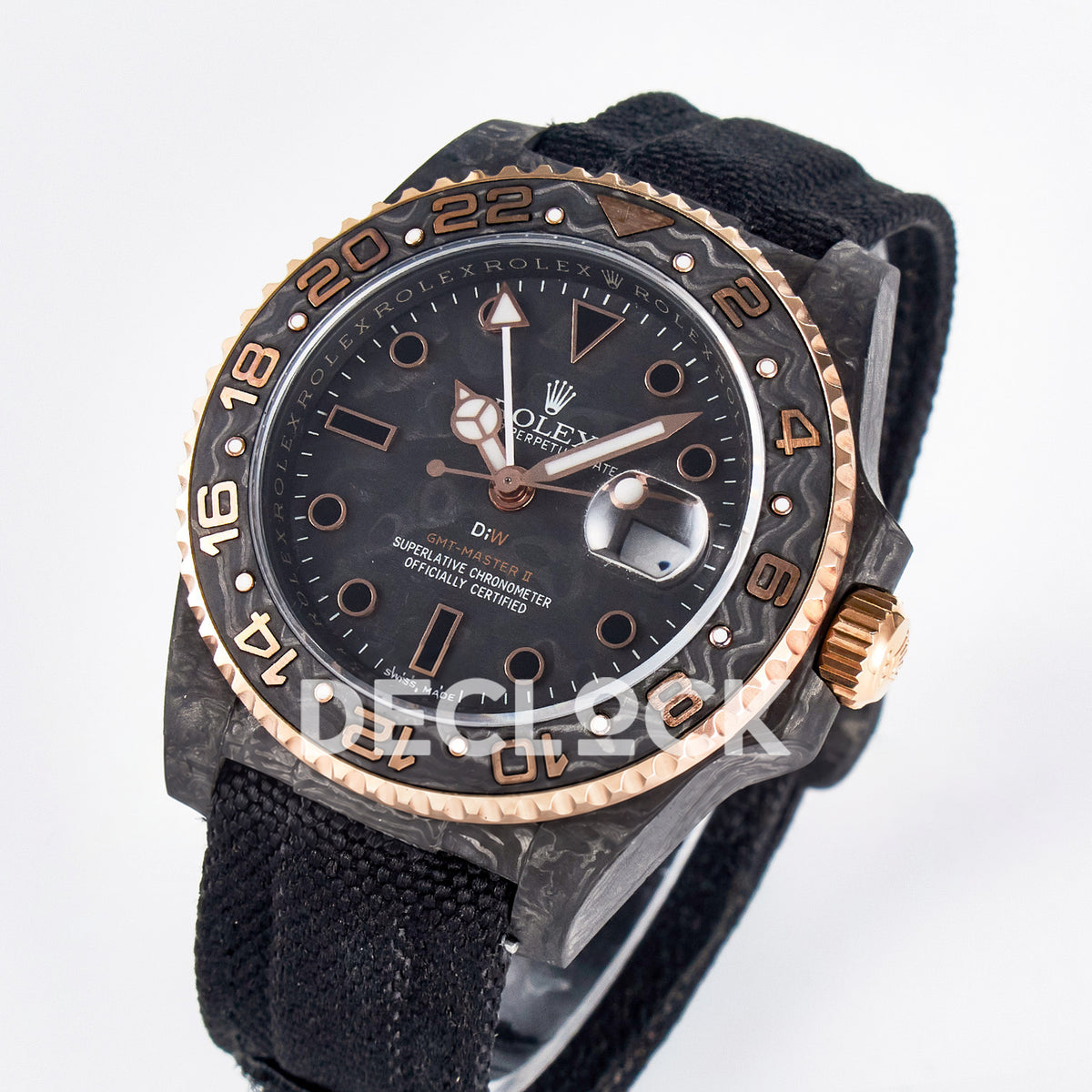 Rolex GMT-Master II Custom Carbon Rose Gold DIWF SA3186 replica - angled front