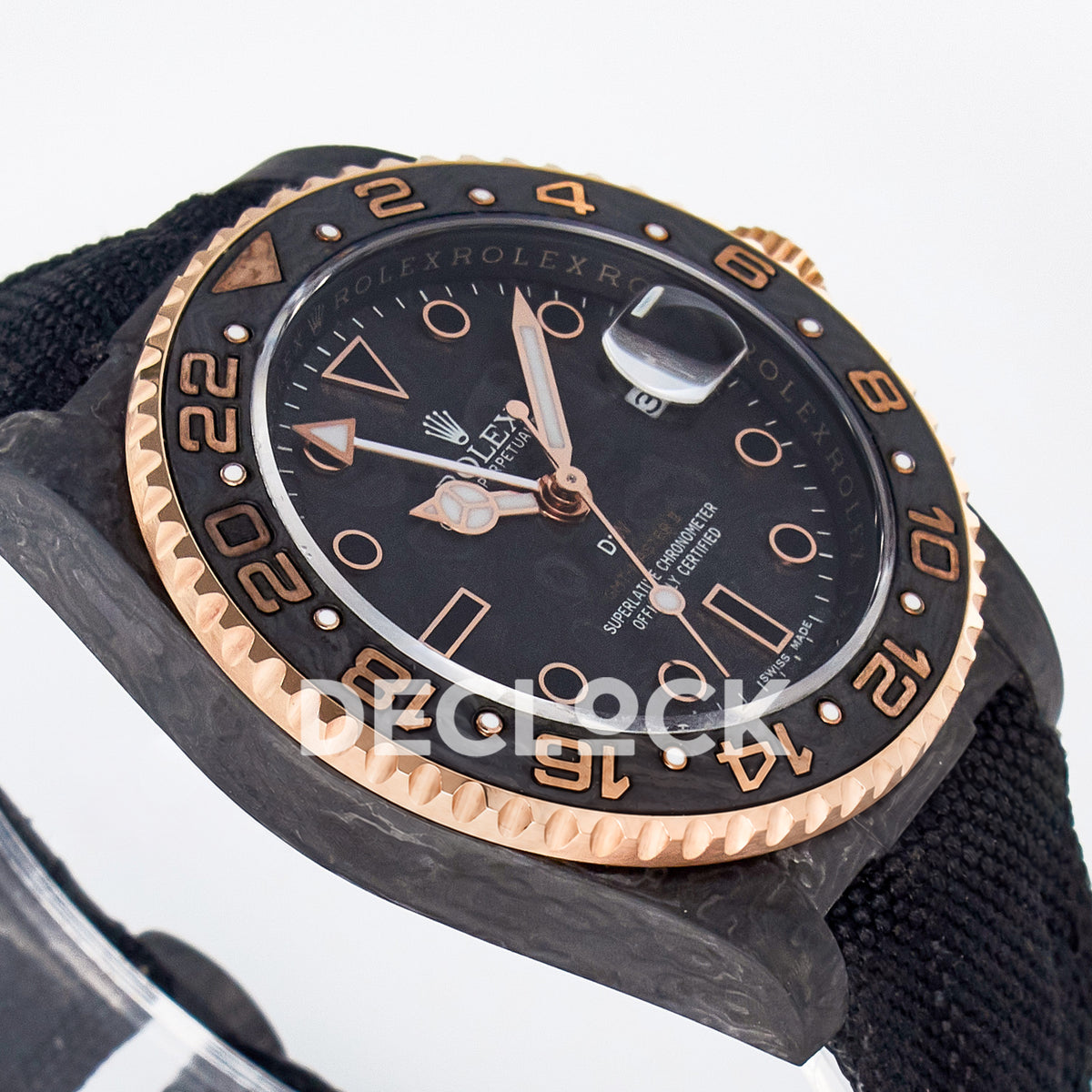 Rolex GMT-Master II Custom Carbon Rose Gold DIWF SA3186 replica - angled left