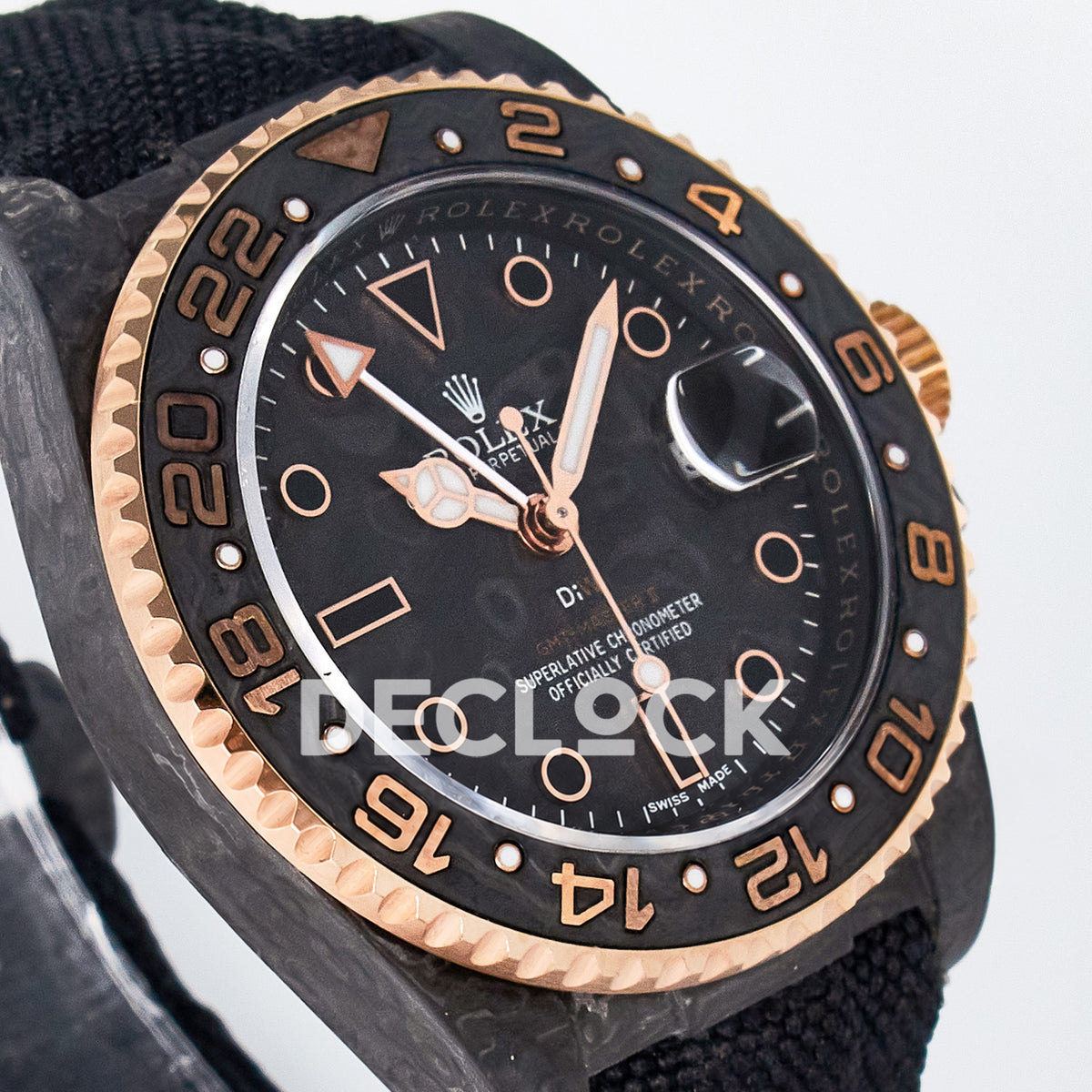 Rolex GMT-Master II Custom Carbon Rose Gold DIWF SA3186 replica - angled right