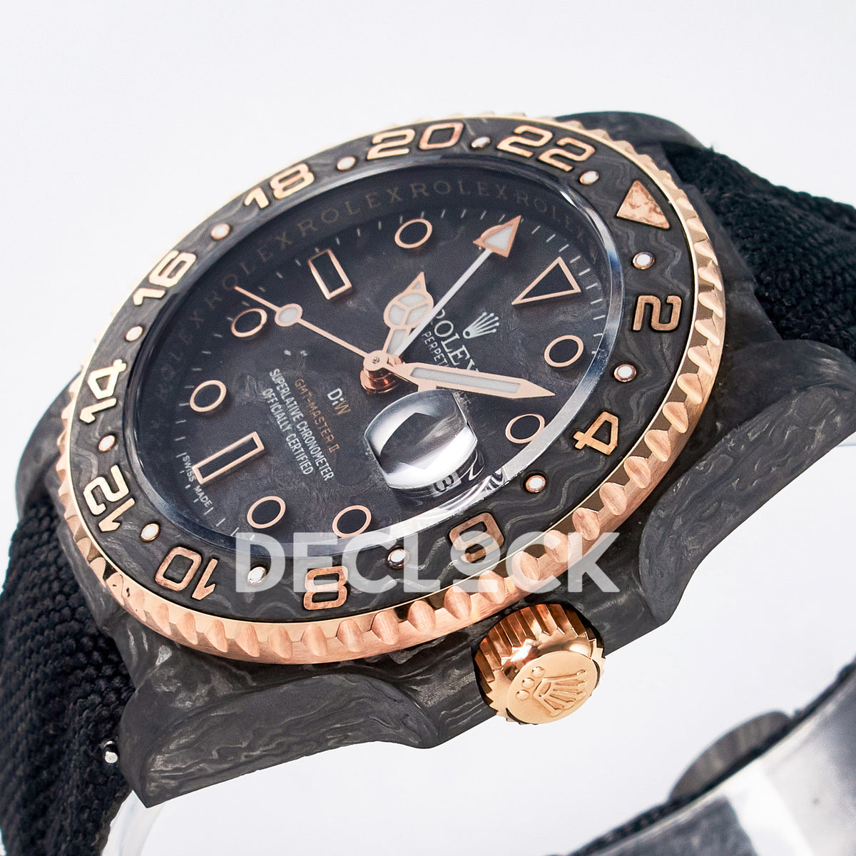 Rolex GMT-Master II Custom Carbon Rose Gold DIWF SA3186 replica - crown side front