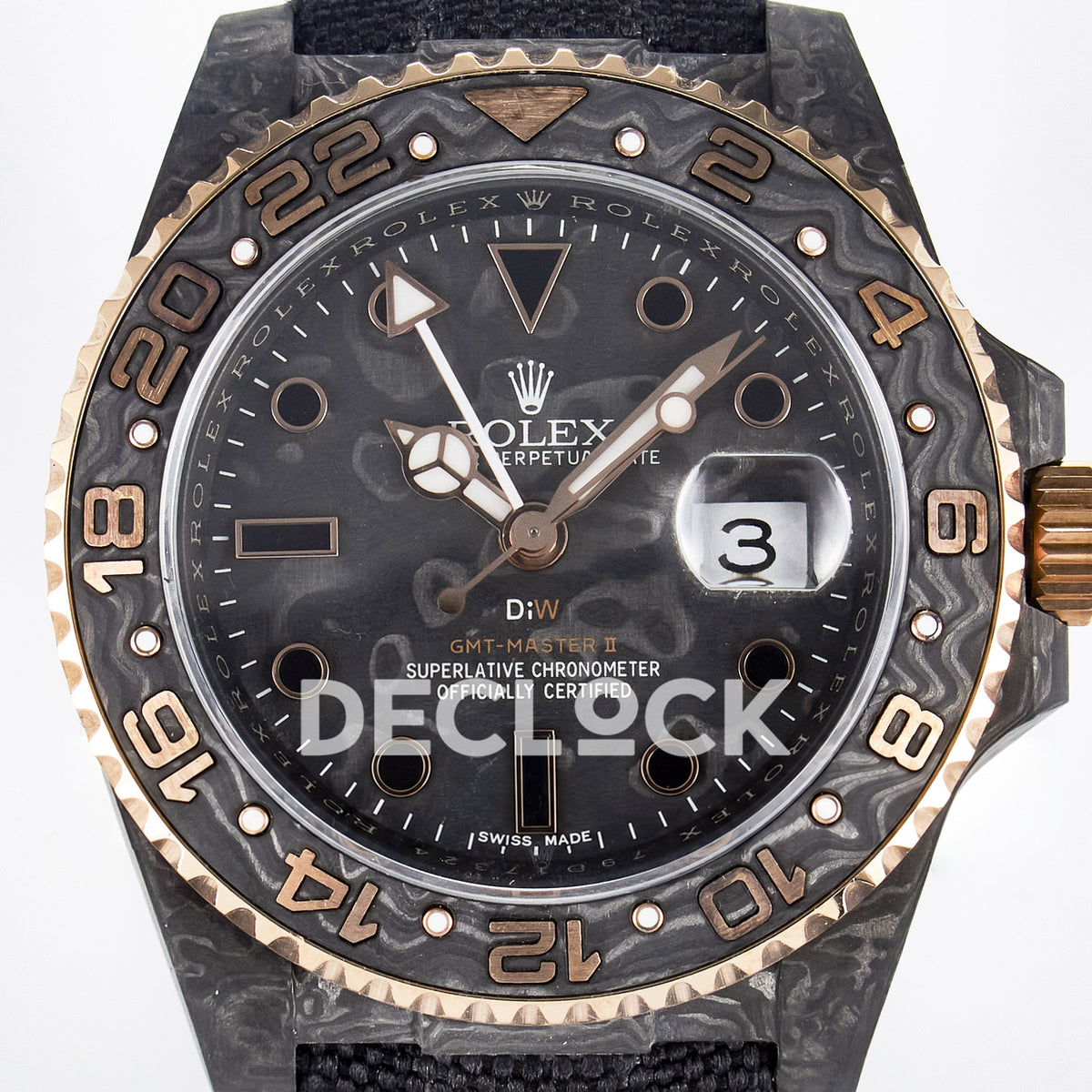 Rolex GMT-Master II Custom Carbon Rose Gold DIWF SA3186 replica - dial close up