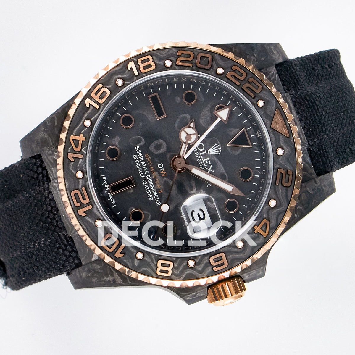 Rolex GMT-Master II Custom Carbon Rose Gold DIWF SA3186 replica - rotated front
