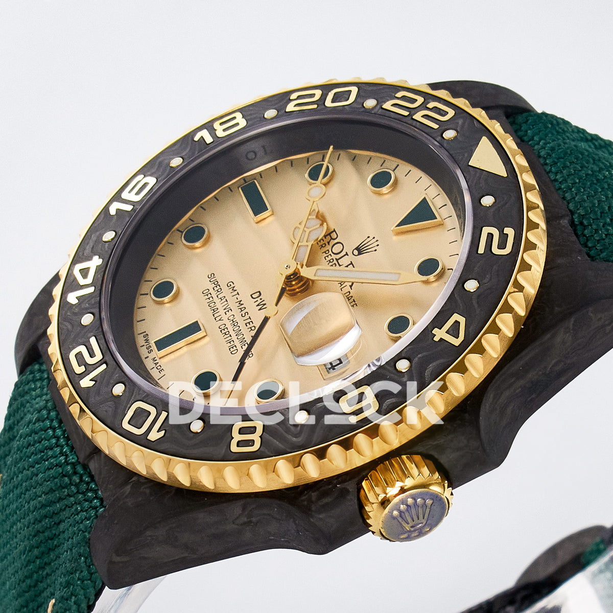 Rolex GMT-Master II Custom Carbon Yellow Green Strap DIWF SA3285 V2 replica - crown side front