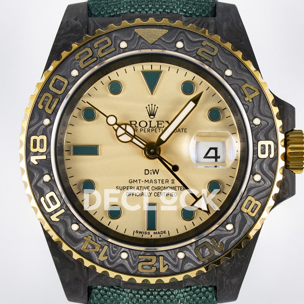 Rolex GMT-Master II Custom Carbon Yellow Green Strap DIWF SA3285 V2 replica - dial close up