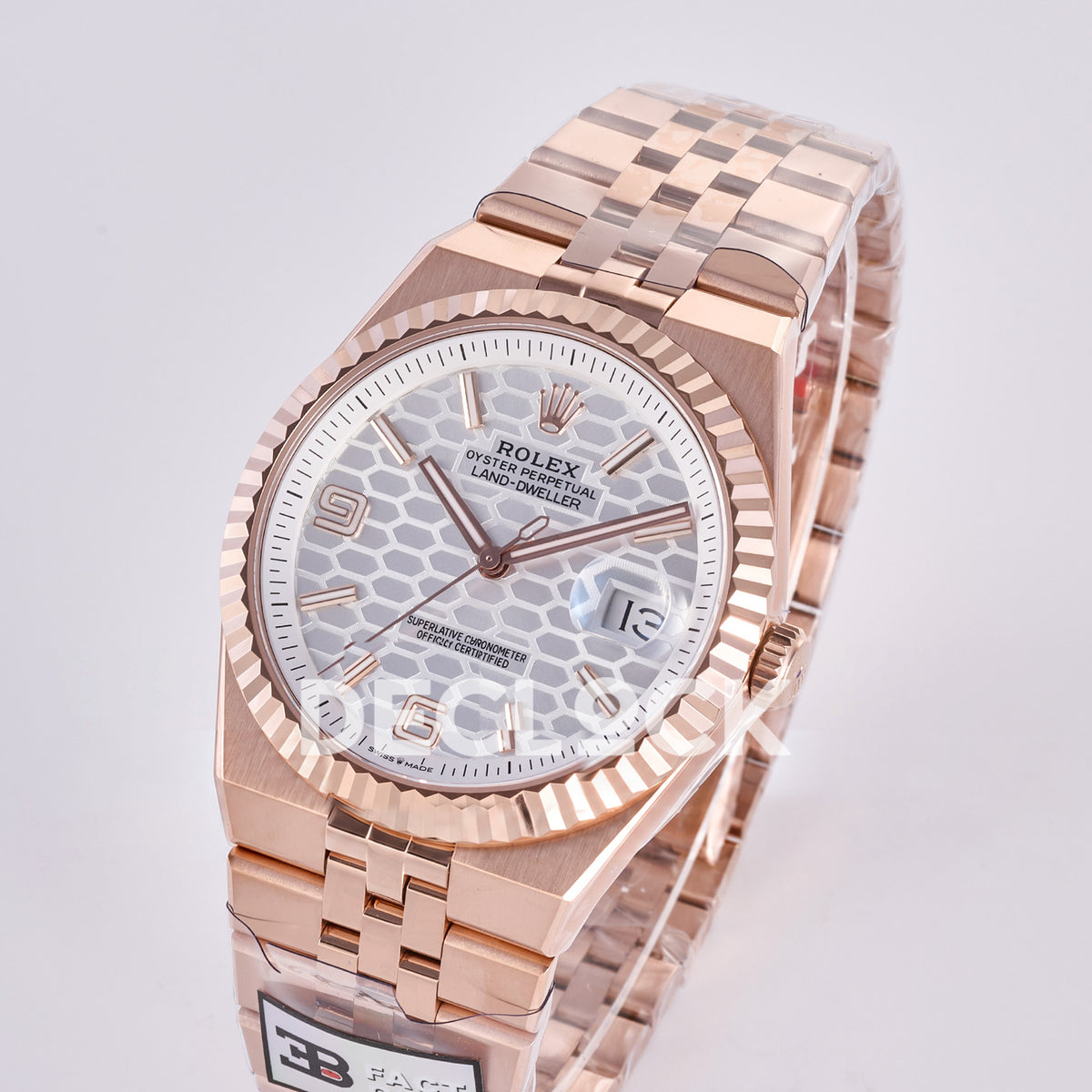 Rolex Land-Dweller 40mm 127335 White Dial Rose Gold Tone 3BF replica - angled view