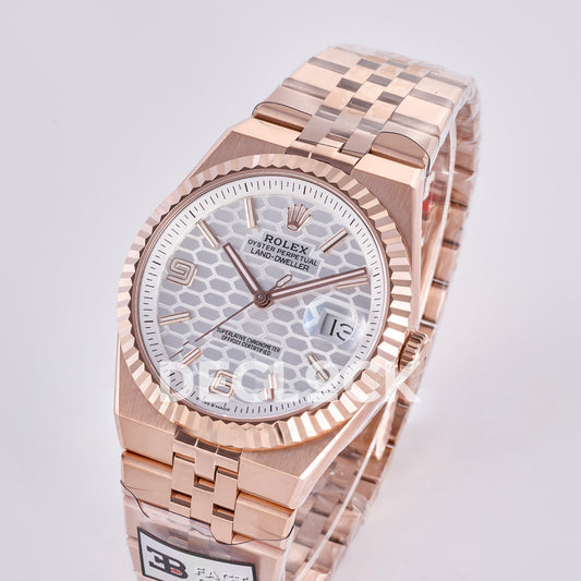 Rolex Land-Dweller 40mm 127335 White Dial Rose Gold Tone 3BF replica - angled view