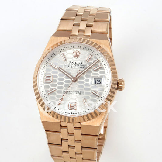 Rolex Land-Dweller 40mm 127335 White Dial Rose Gold Tone Clean replica - angled view