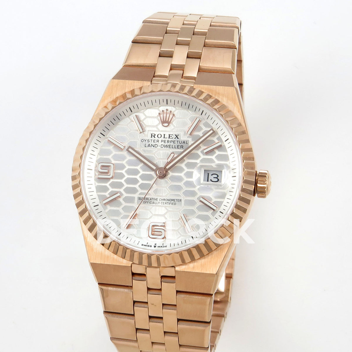 Rolex Land-Dweller 40mm 127335 White Dial Rose Gold Tone Clean replica - angled view