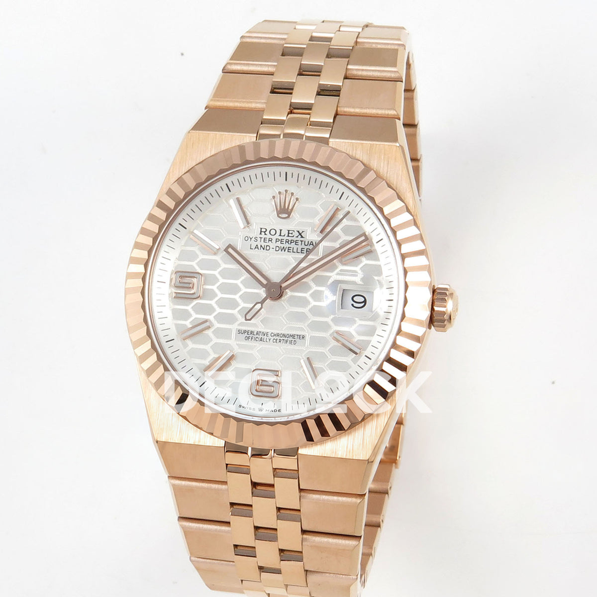 Rolex Land-Dweller 40mm 127335 White Dial Rose Gold Tone Clean Plus replica - angled view