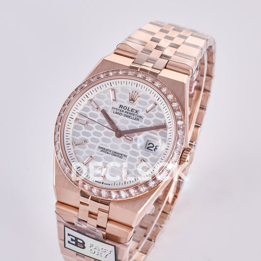 Rolex Land-Dweller 40mm 127335 White Dial Rose Gold Tone Gem-Set 3BF replica - angled view