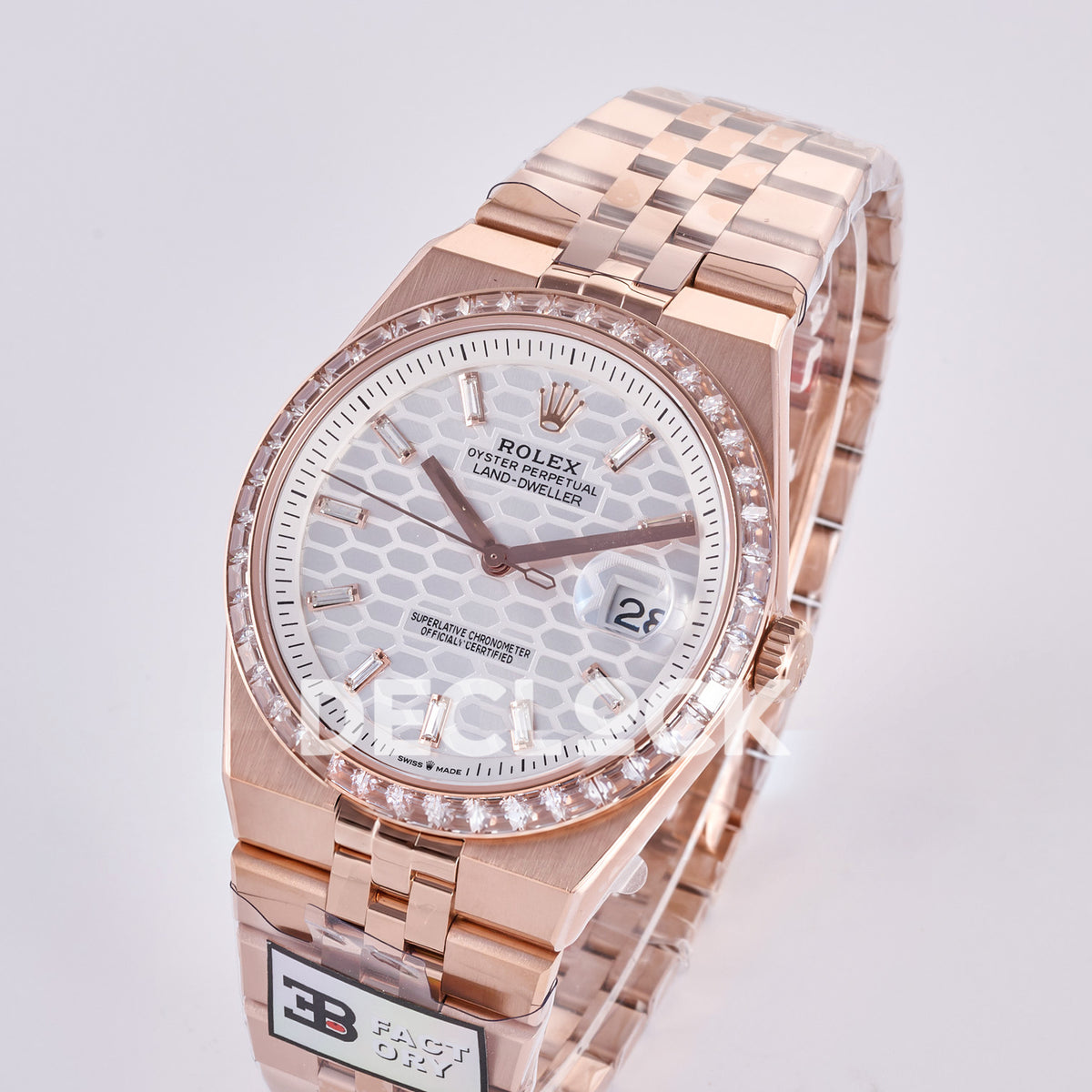 Rolex Land-Dweller 40mm 127335 White Dial Rose Gold Tone Gem-Set 3BF replica - angled view
