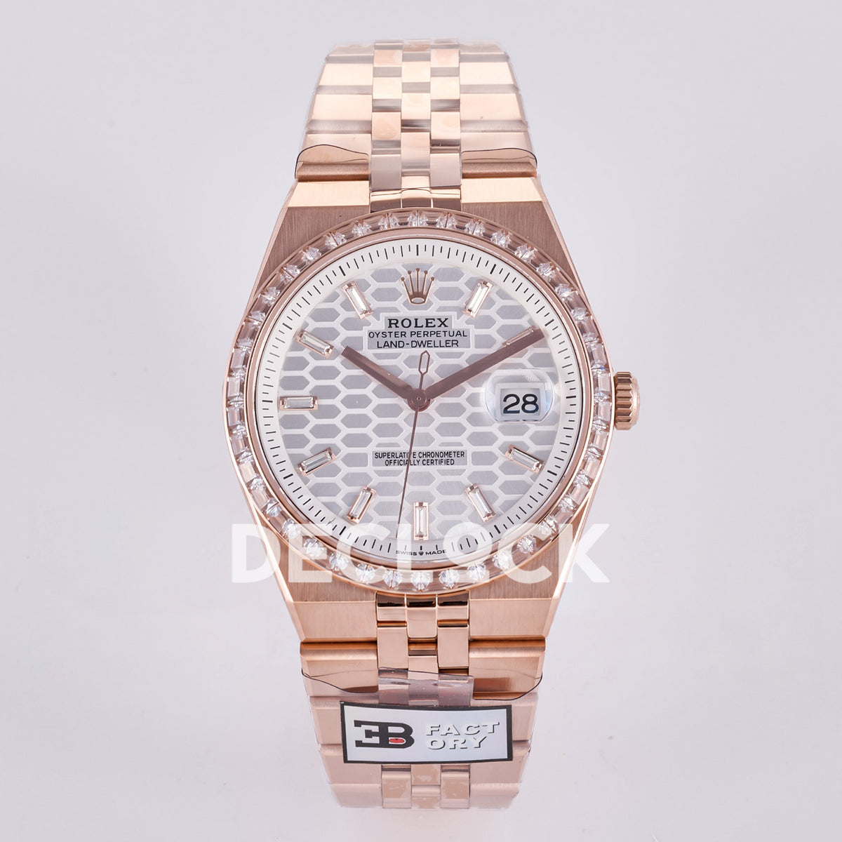 Rolex Land-Dweller 40mm 127335 White Dial Rose Gold Tone Gem-Set 3BF replica - front view