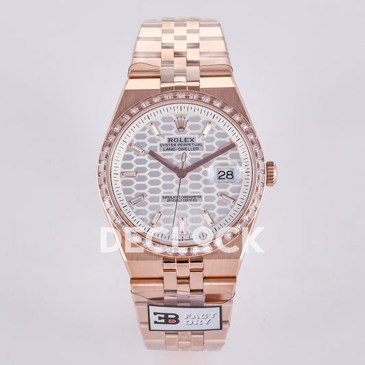 Rolex Land-Dweller 40mm 127335 White Dial Rose Gold Tone Gem-Set 3BF replica - front view