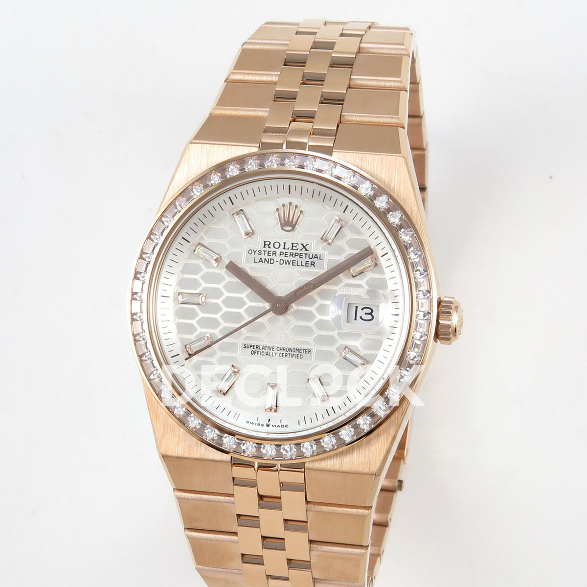 Rolex Land-Dweller 40mm 127335 White Dial Rose Gold Tone Gem-Set Clean Plus replica - angled view