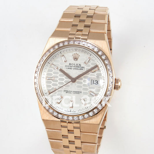 Rolex Land-Dweller 40mm 127335 White Dial Rose Gold Tone Gem-Set Clean Plus replica - angled view