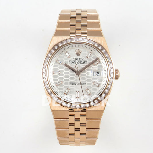 Rolex Land-Dweller 40mm 127335 White Dial Rose Gold Tone Gem-Set Clean Plus replica - front view